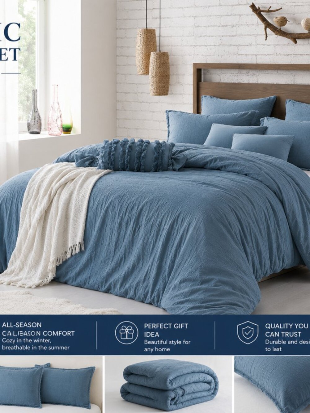 Swift Home Ultra-Soft Prewashed Wrinkle Texture Duvet Cover Set, Solid, Blue Dus